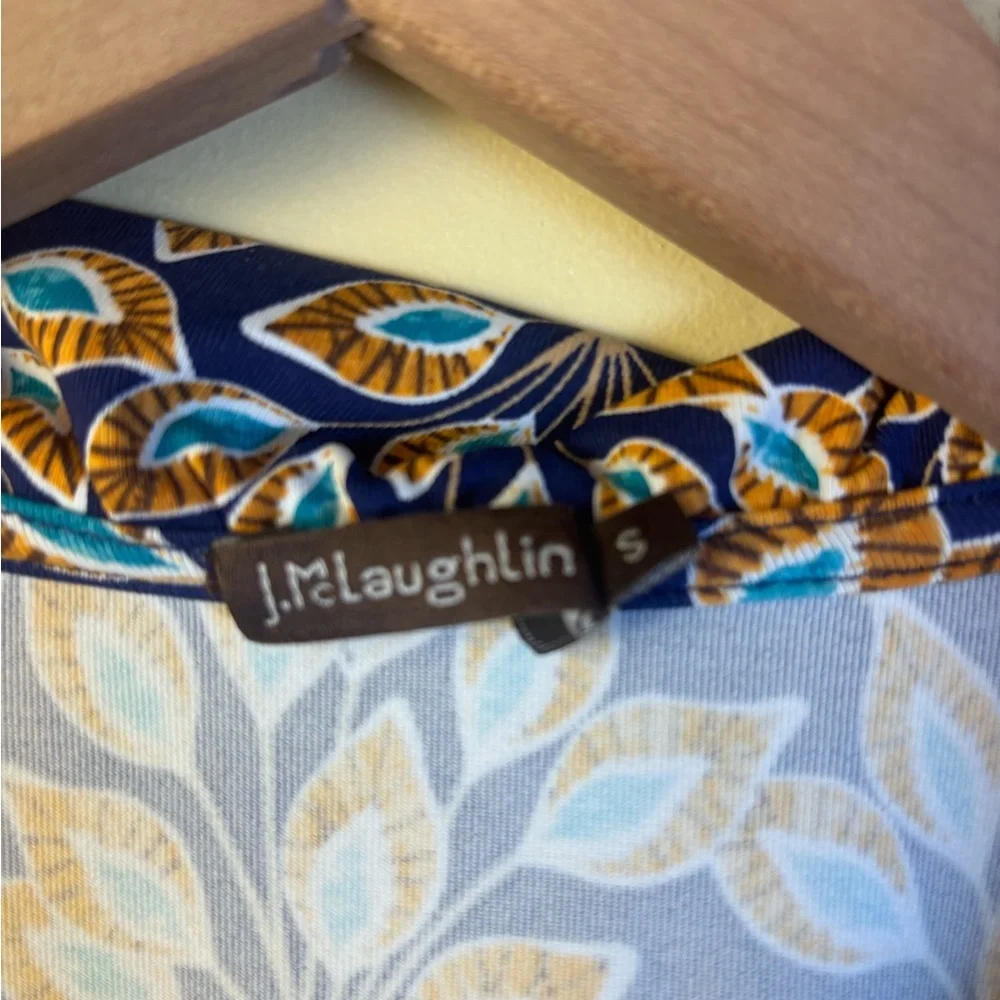 J. McLaughlin Blue and Orange Patterned Top Ruffle Neckline 3/4 Sleeves Small - Picture 2 of 4